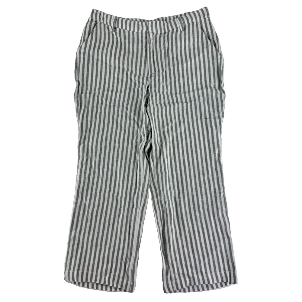 Candace Cameron Bure Linen Wide Leg Crop Pants Size 10 Green Striped